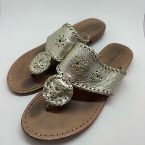 Jack Rogers Silver Leather Thong Sandals with Signature Medallion